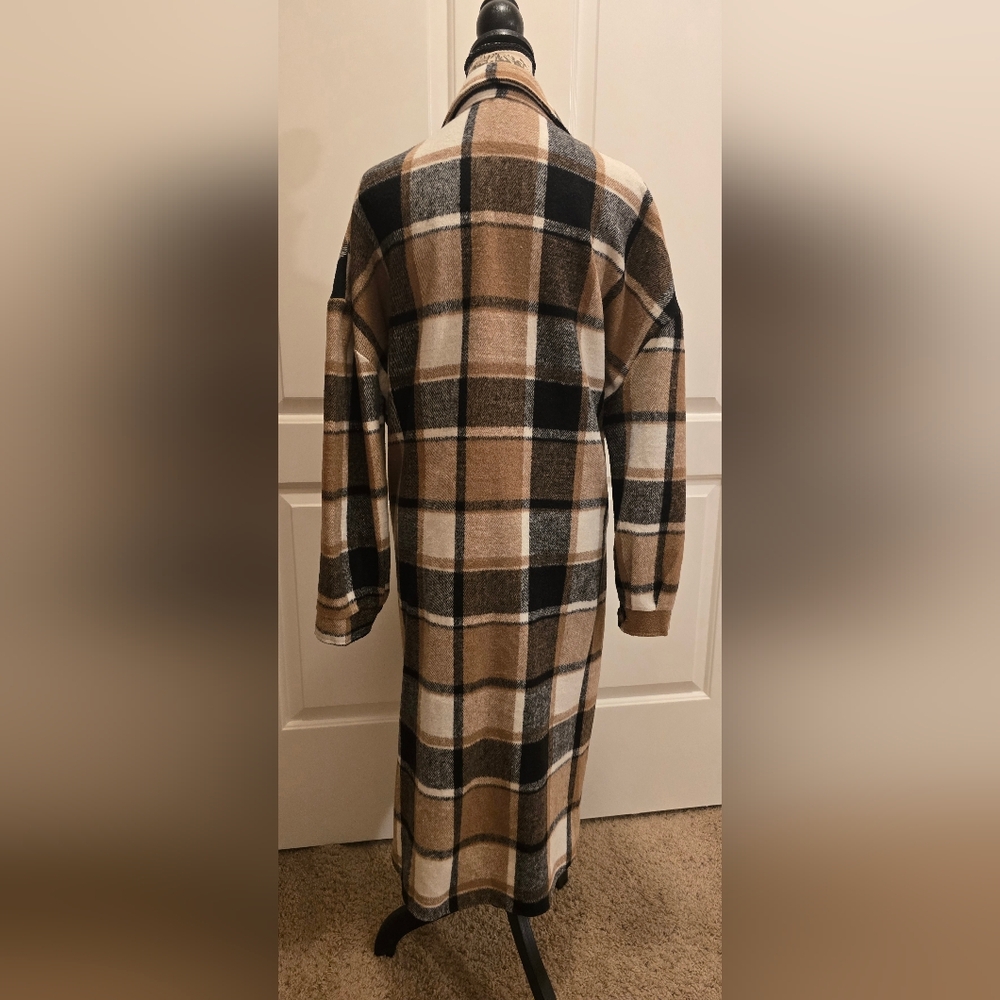 Plaid Sacket Duster Beige, Black & Cream Brushed Flannel Large NWOT - Picture 3 of 8